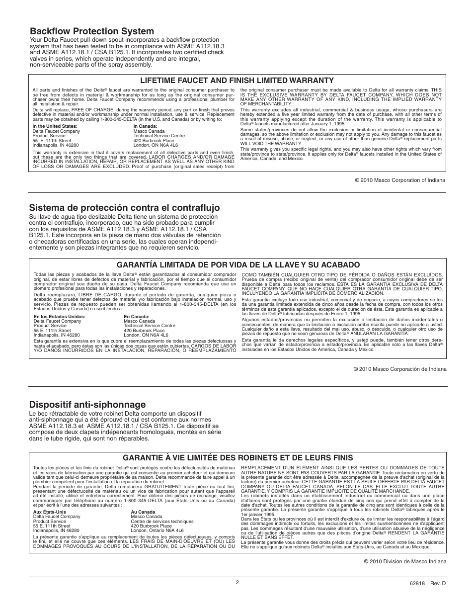 Backflow protection system, Sistema de protección contra el contraflujo, Dispositif anti-siphonnage | Lifetime faucet and finish limited warranty | Factory Direct Hardware Delta 978-SD-DST Leland User Manual | Page 2 / 12