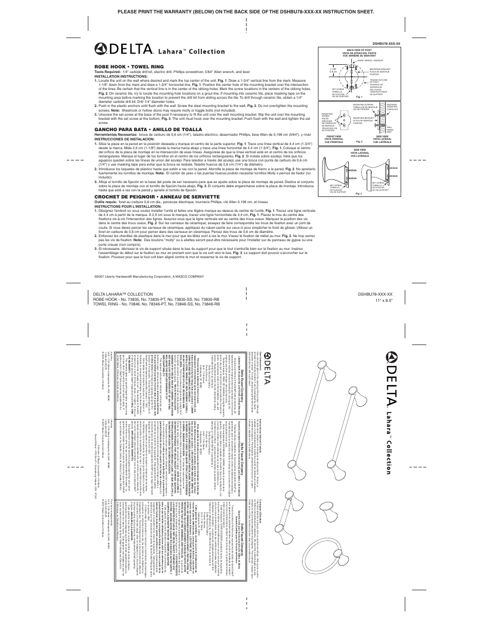 Robe hook • towel ring, Gancho para bata • anillo de toalla, Crochet de peignoir • anneau de serviette | Factory Direct Hardware Delta 73835 Lahara User Manual | Page 2 / 2