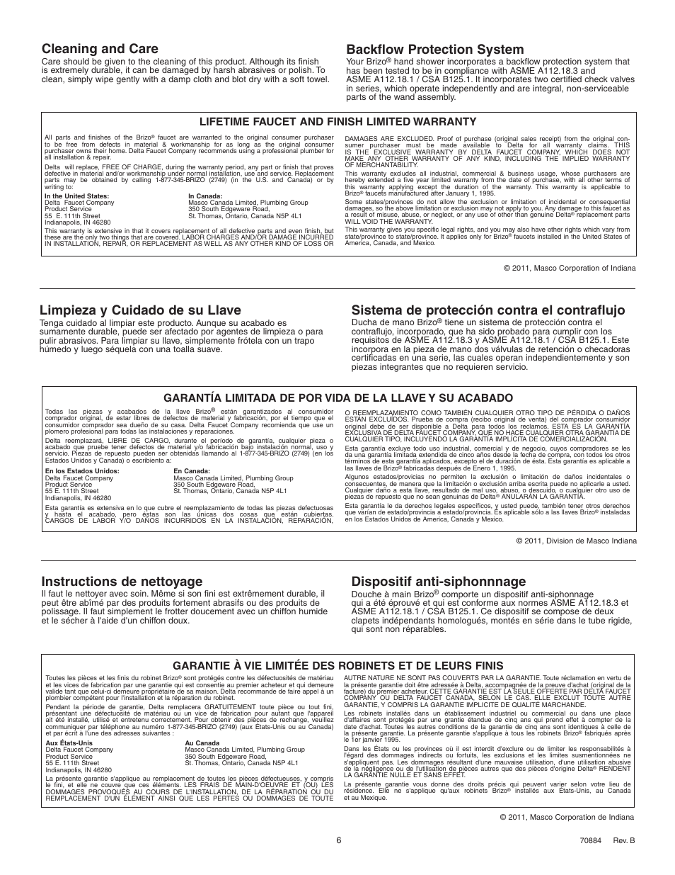 Cleaning and care, Instructions de nettoyage, Limpieza y cuidado de su llave | Backflow protection system, Sistema de protección contra el contraflujo, Dispositif anti-siphonnnage, Lifetime faucet and finish limited warranty | Factory Direct Hardware Brizo 85785 Charlotte User Manual | Page 6 / 6