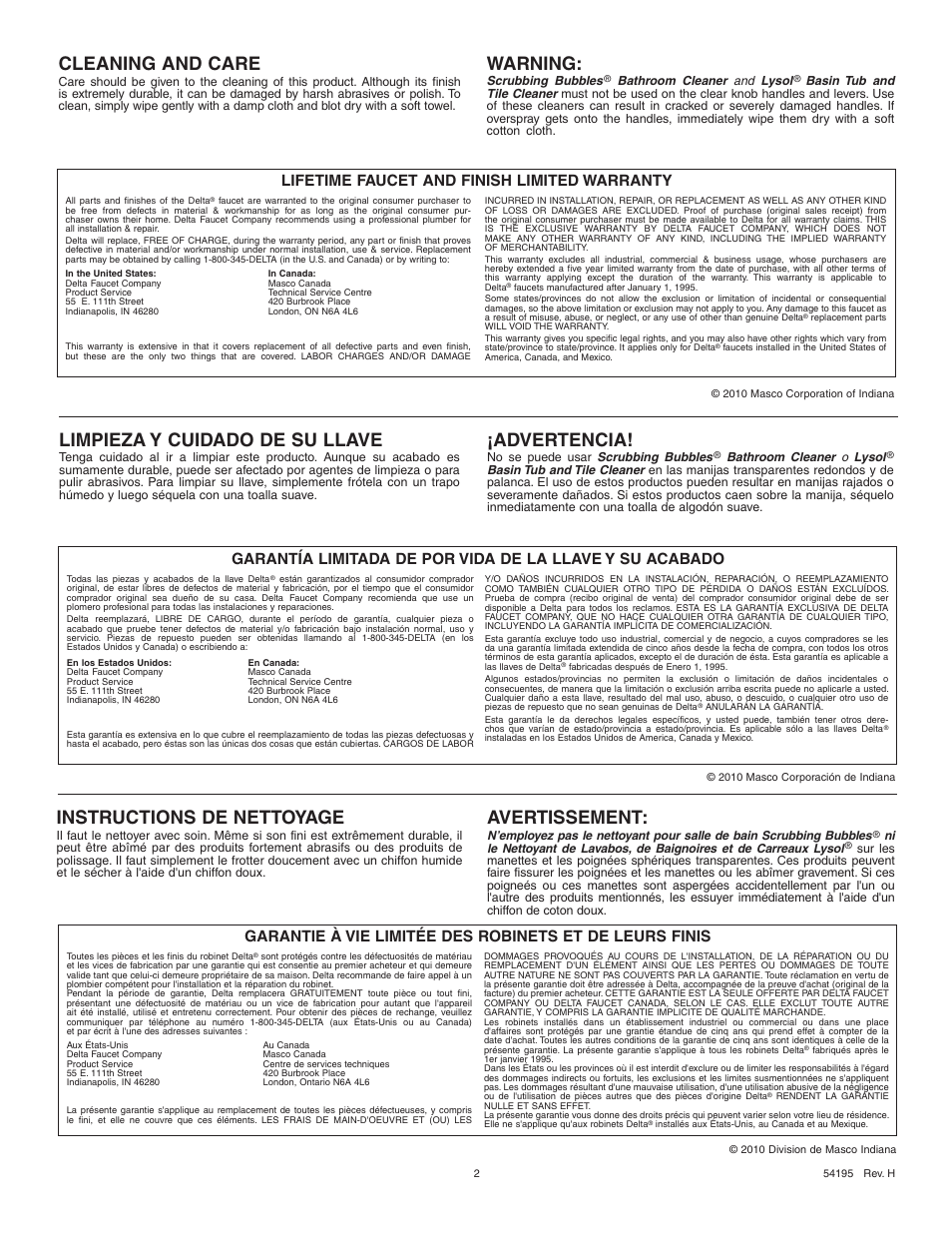Cleaning and care, Warning, Instructions de nettoyage | Avertissement, Limpieza y cuidado de su llave, Advertencia, Lifetime faucet and finish limited warranty | Factory Direct Hardware Delta 520-MPU-DST User Manual | Page 2 / 12