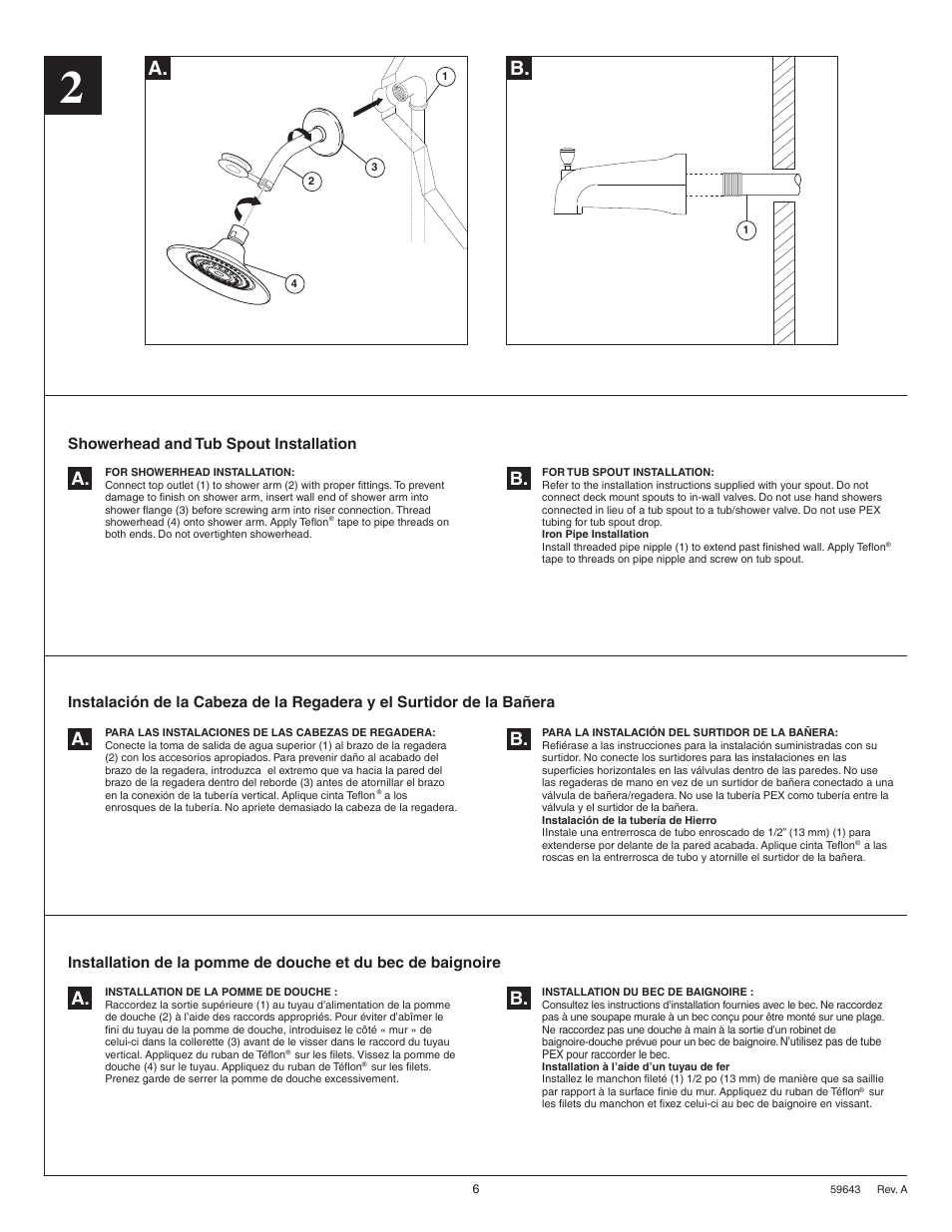 A. b. a. b. a. b, Showerhead and tub spout installation | Factory Direct Hardware Delta 144996 Windemere User Manual | Page 6 / 8