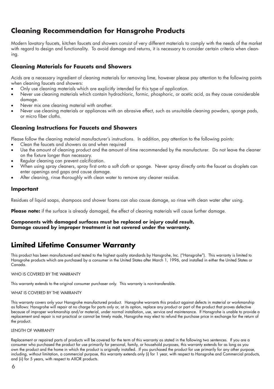 Limited lifetime consumer warranty, Cleaning recommendation for hansgrohe products | Factory Direct Hardware Hansgrohe 39850 Axor Citterio User Manual | Page 6 / 8