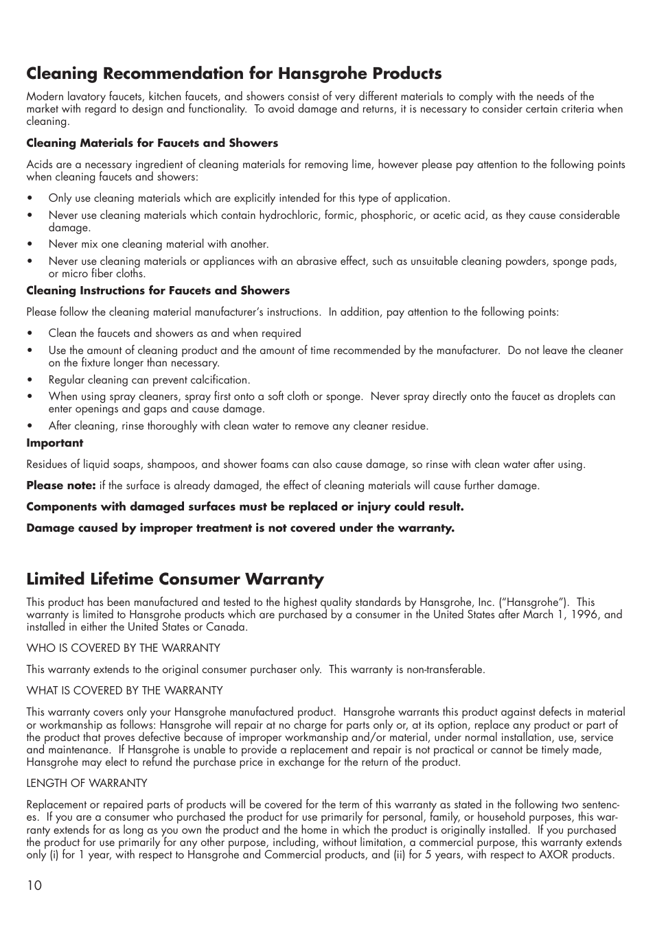 Limited lifetime consumer warranty, Cleaning recommendation for hansgrohe products | Factory Direct Hardware Hansgrohe 27413 Raindance User Manual | Page 10 / 12