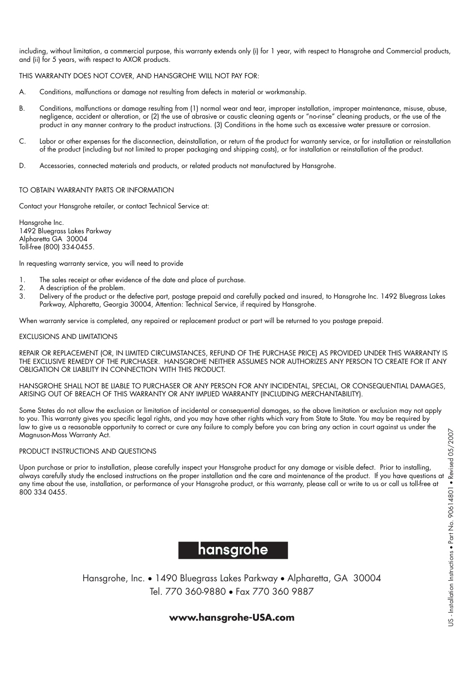 Factory Direct Hardware Hansgrohe 39148 User Manual | Page 8 / 8