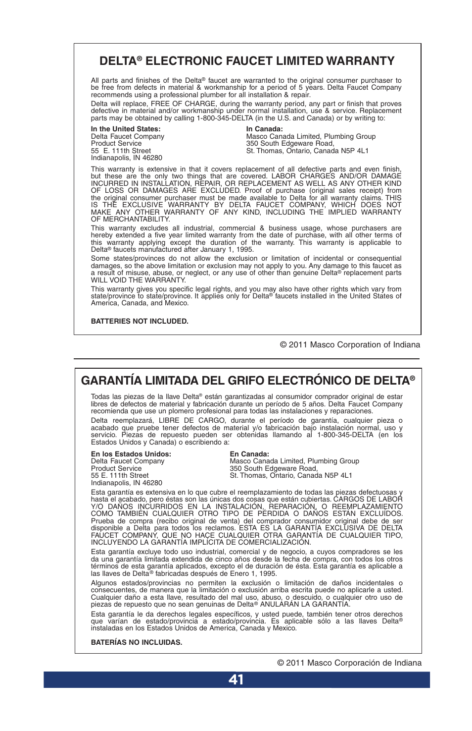 Delta, Electronic faucet limited warranty, Garantía limitada del grifo electrónico de delta | Factory Direct Hardware Delta 15960T-DST User Manual | Page 43 / 44