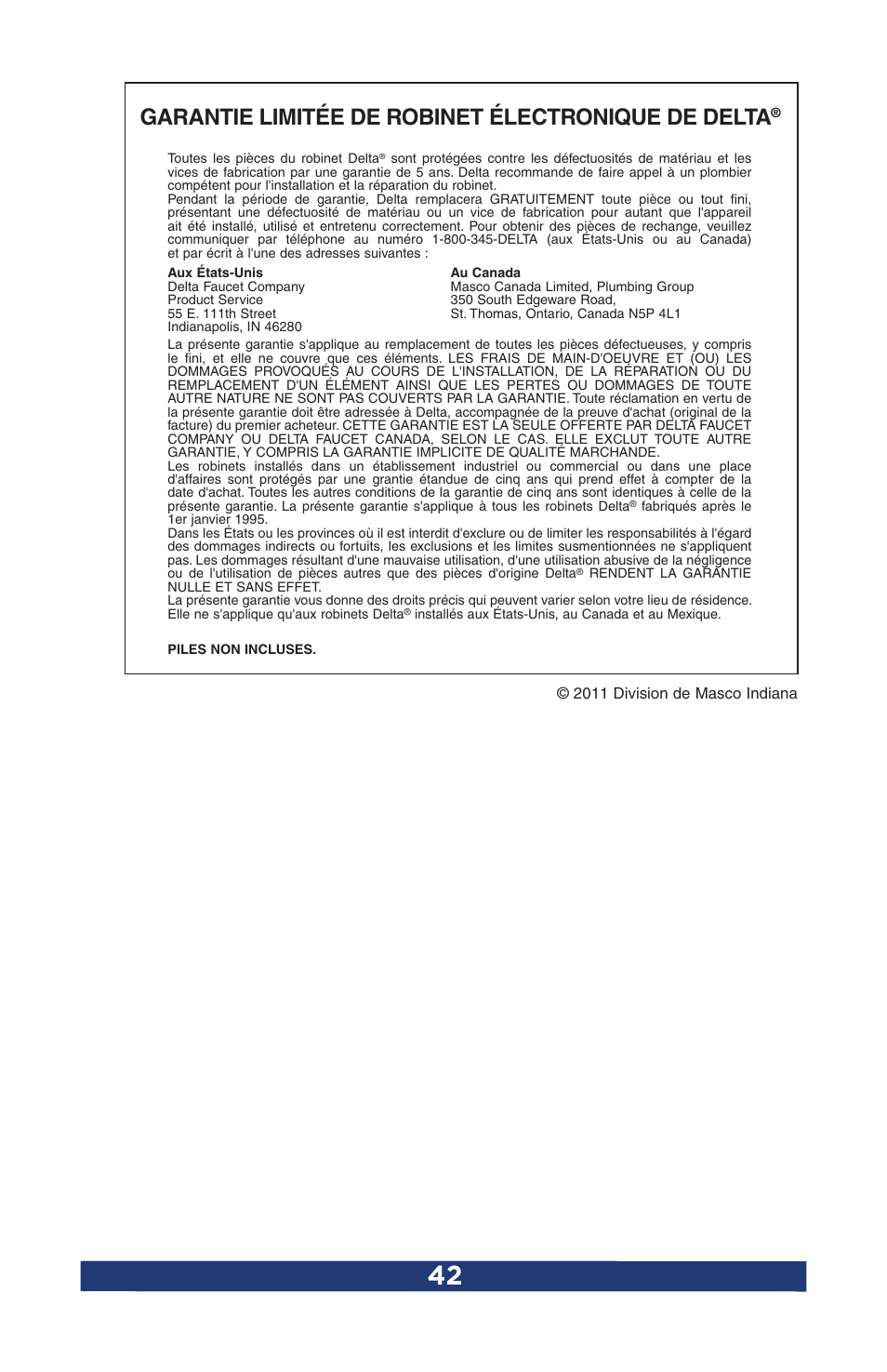 Garantie limitée de robinet électronique de delta | Factory Direct Hardware Delta 15960T-DST User Manual | Page 44 / 44