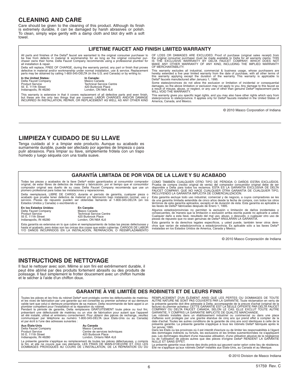 Cleaning and care, Instructions de nettoyage, Limpieza y cuidado de su llave | Lifetime faucet and finish limited warranty | Factory Direct Hardware Delta 25938LF User Manual | Page 6 / 6