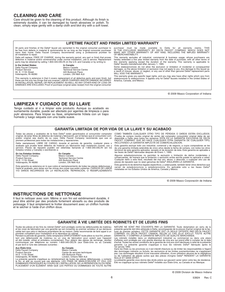 Cleaning and care, Instructions de nettoyage, Limpieza y cuidado de su llave | Lifetime faucet and finish limited warranty | Factory Direct Hardware Delta 3555LF-216 User Manual | Page 6 / 6