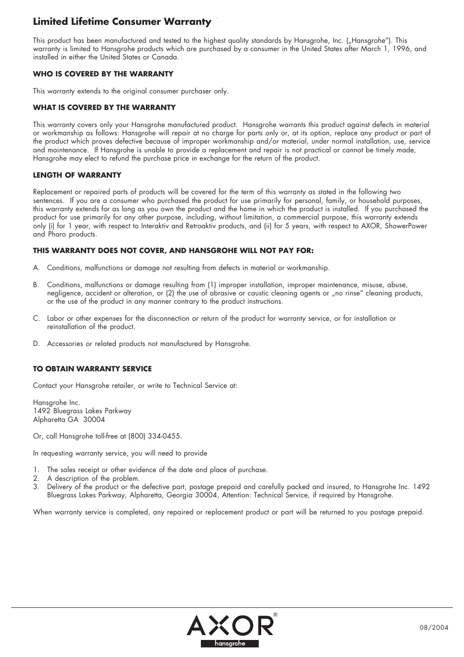 Hansgrohe product service, Limited lifetime consumer warranty | Factory Direct Hardware Hansgrohe 10050 User Manual | Page 3 / 4