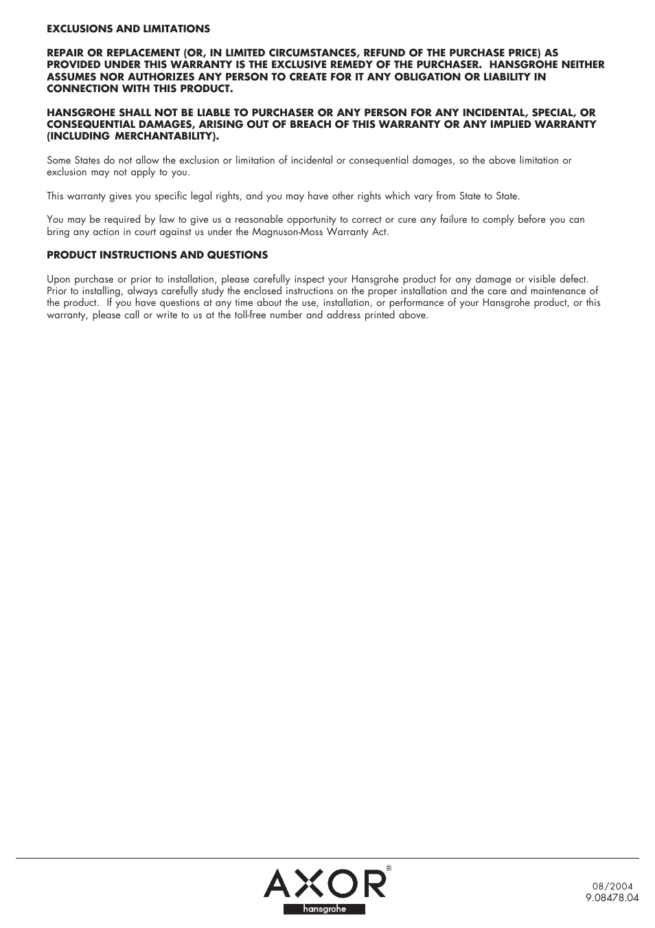 Hansgrohe product service | Factory Direct Hardware Hansgrohe 10050 User Manual | Page 4 / 4