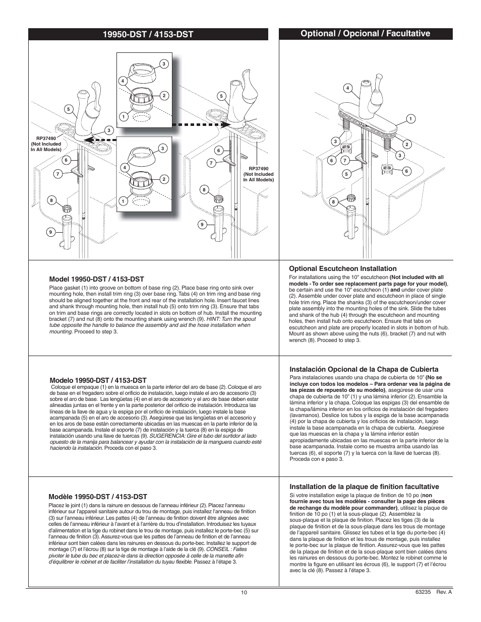 Optional / opcional / facultative, Optional escutcheon installation, Instalación opcional de la chapa de cubierta | Installation de la plaque de finition facultative | Factory Direct Hardware Delta 19950-SD-DST Arabella User Manual | Page 10 / 16