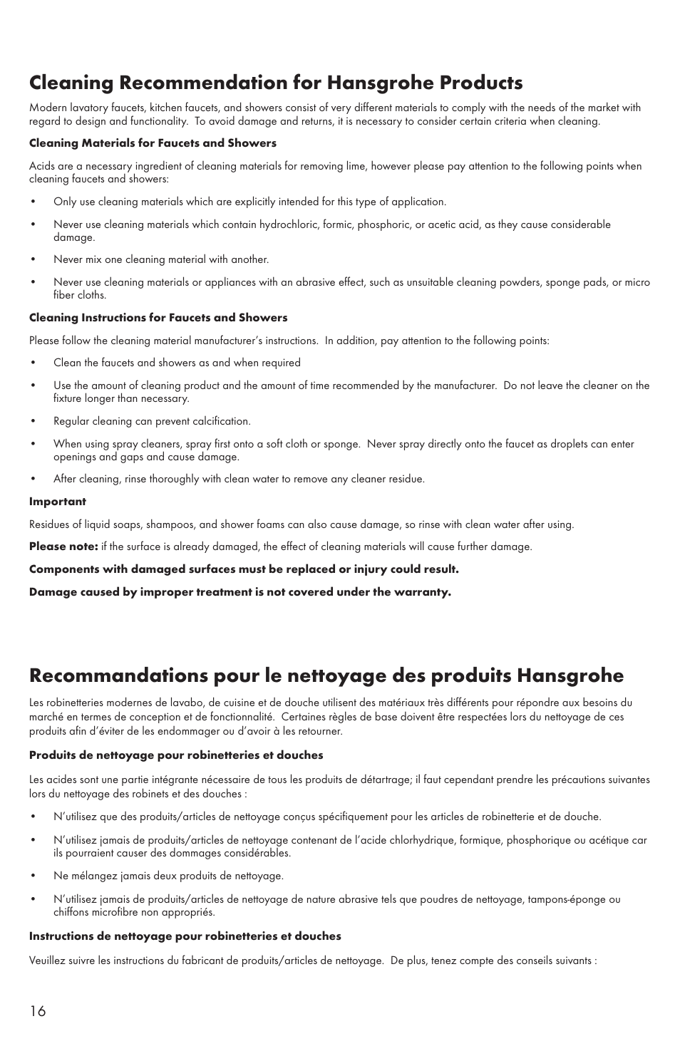 Cleaning recommendation for hansgrohe products | Factory Direct Hardware Hansgrohe 06462 Talis S User Manual | Page 16 / 20