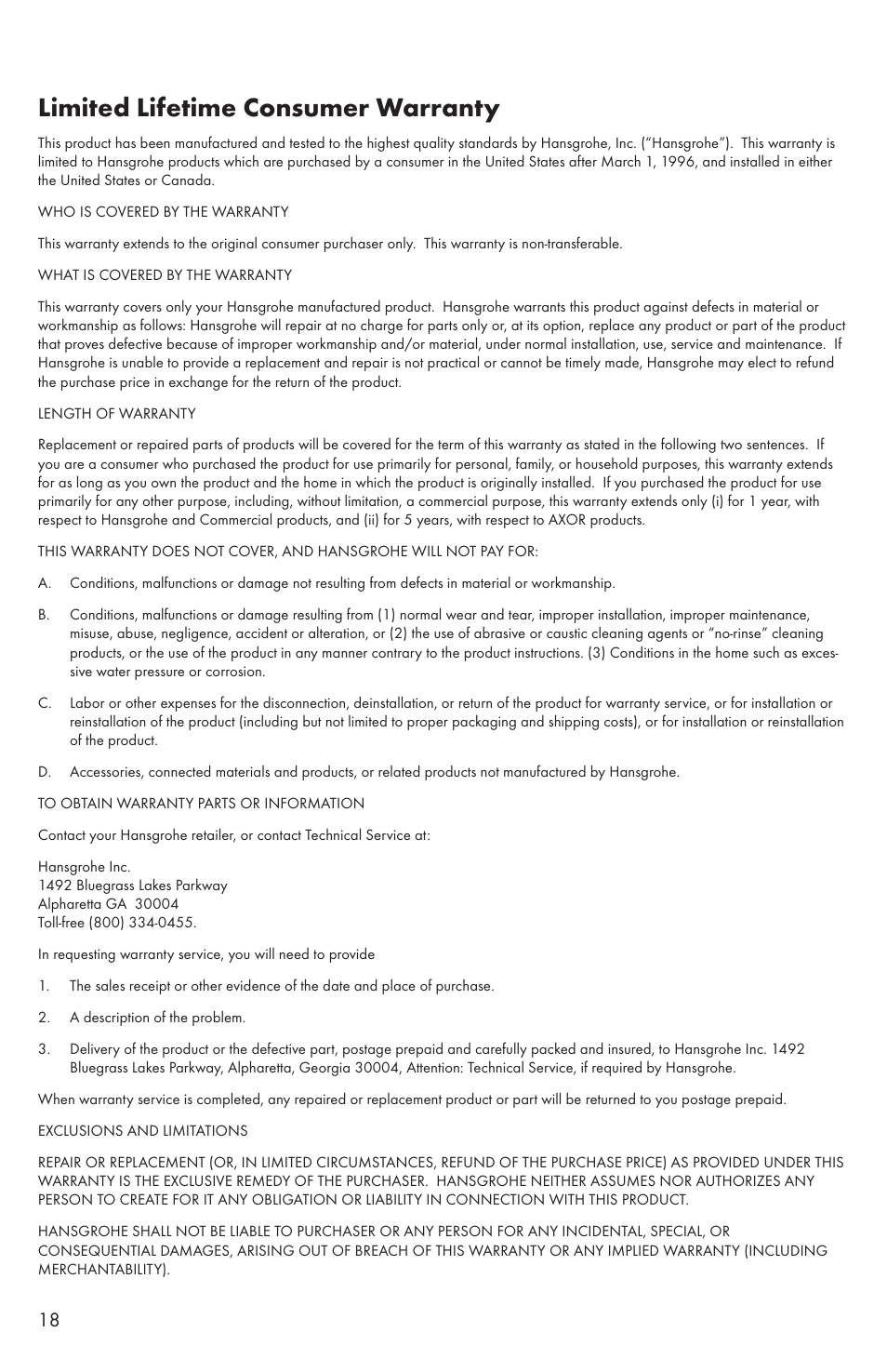 Limited lifetime consumer warranty | Factory Direct Hardware Hansgrohe 06462 Talis S User Manual | Page 18 / 20