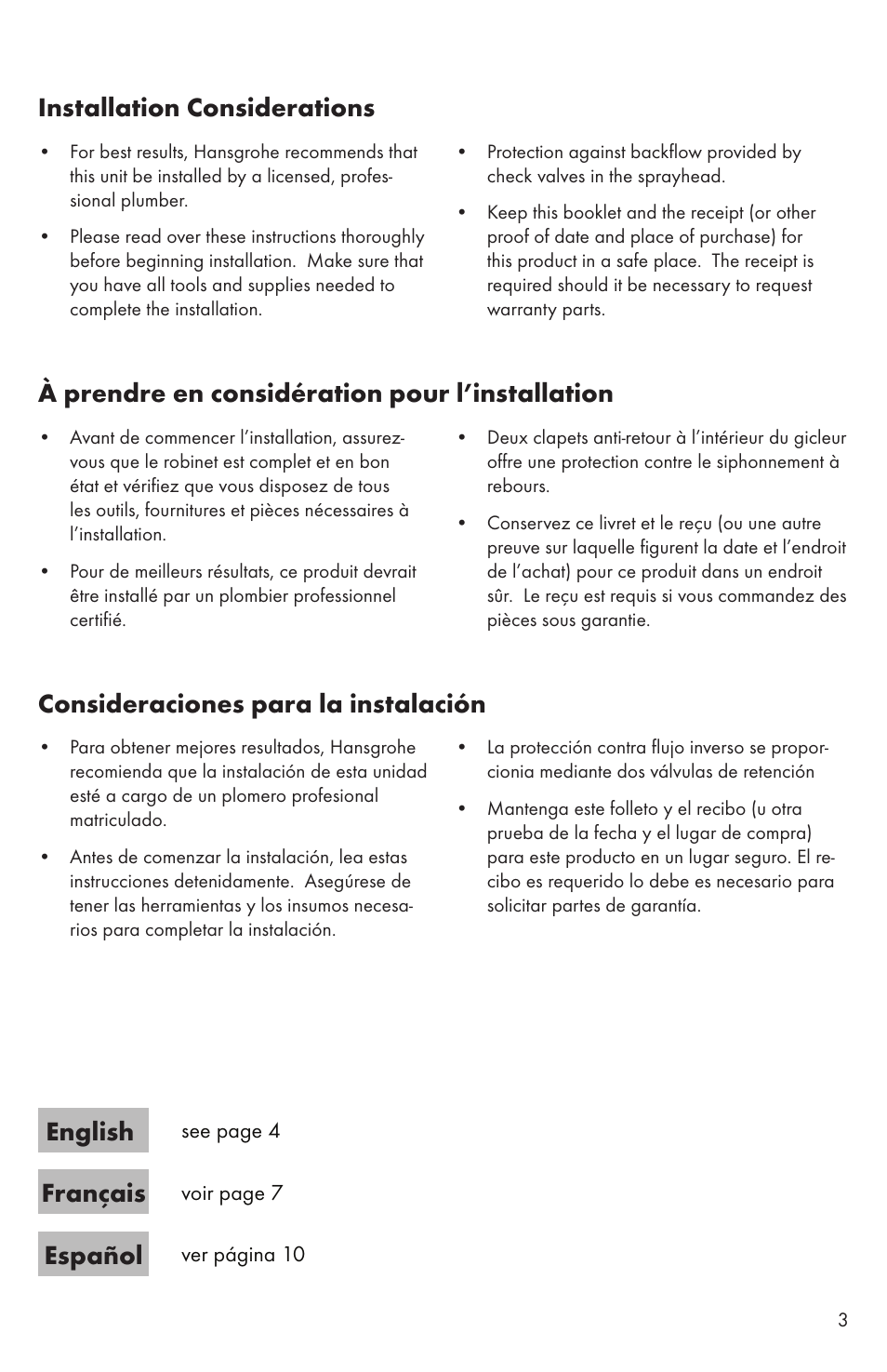 Consideraciones para la instalación, À prendre en considération pour l’installation, Installation considerations | English, Français, Español | Factory Direct Hardware Hansgrohe 06462 Talis S User Manual | Page 3 / 20