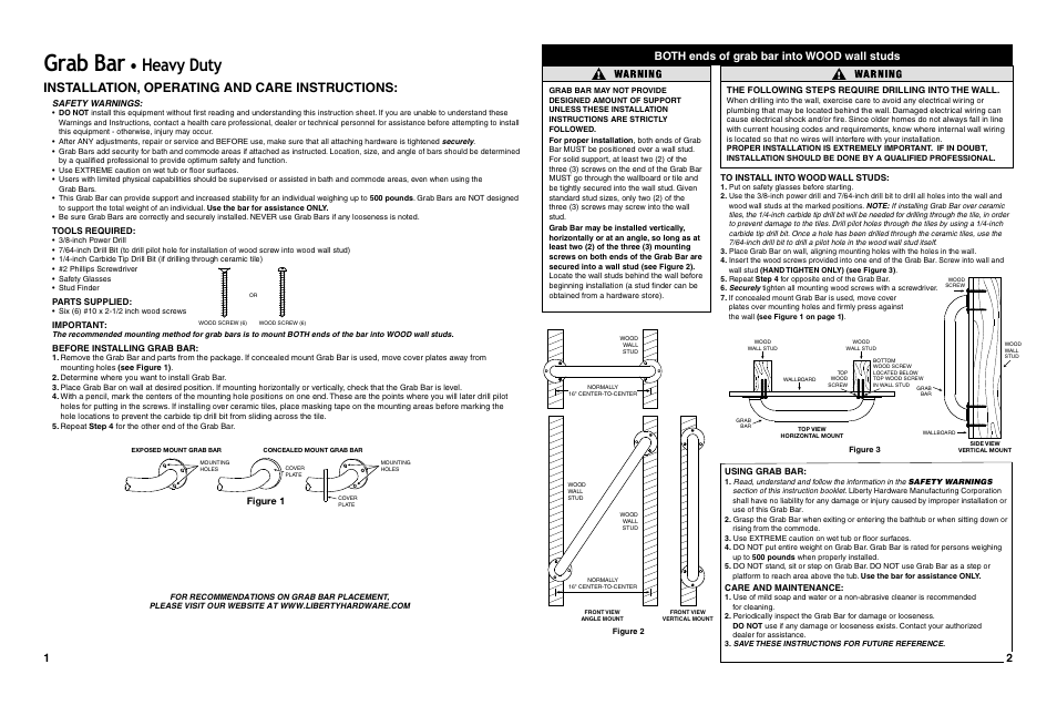 Grab bar, Barre d'appui, Barra de soporte | Heavy duty, Très résistante, Uso pesado, Barra de soporte • uso pesado, Installation, operating and care instructions, Instrucciones de instalación, operación y cuidado, Both ends of grab bar into wood wall studs | Factory Direct Hardware Delta 41136 User Manual | Page 2 / 4