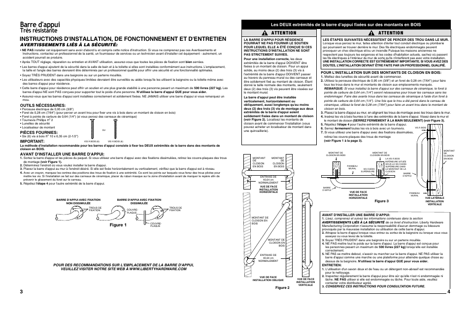 Grab bar, Barre d'appui, Barra de soporte | Heavy duty, Très résistante, Uso pesado, Barra de soporte • uso pesado, Installation, operating and care instructions, Instrucciones de instalación, operación y cuidado, Both ends of grab bar into wood wall studs | Factory Direct Hardware Delta 41136 User Manual | Page 3 / 4