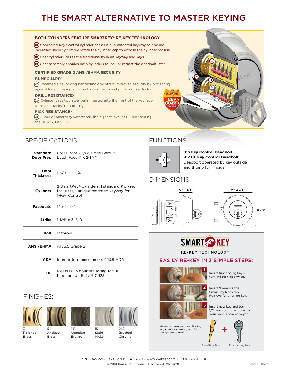 The smart alternative to master keying, Finishes, Specifications | Functions, Dimensions, Easily re-key in 3 simple steps | Factory Direct Hardware Kwikset 817-S User Manual | Page 2 / 2