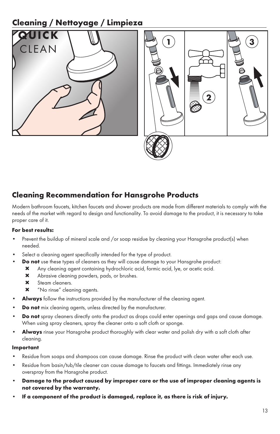 Quic k clean, Cleaning / nettoyage / limpieza, Cleaning recommendation for hansgrohe products | Factory Direct Hardware Hansgrohe 14872 Talis S User Manual | Page 13 / 16