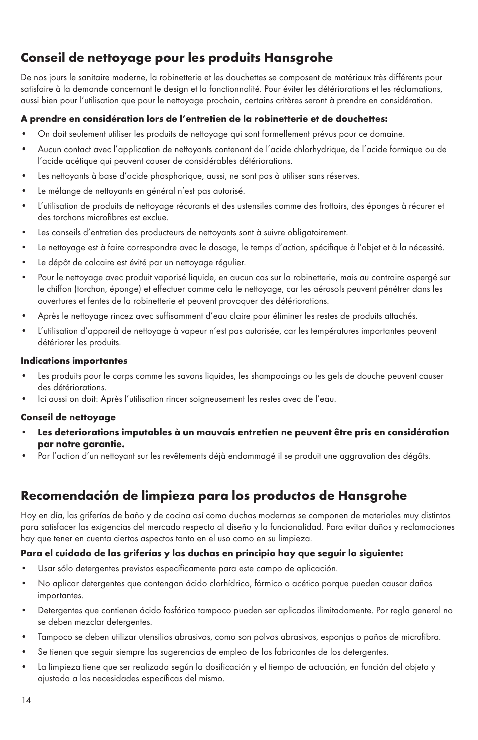Conseil de nettoyage pour les produits hansgrohe | Factory Direct Hardware Hansgrohe 14872 Talis S User Manual | Page 14 / 16