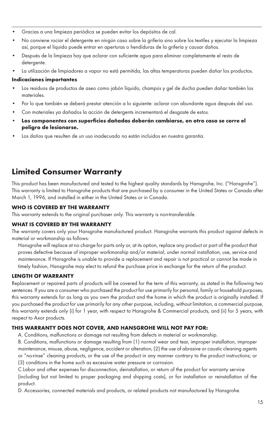 Limited consumer warranty | Factory Direct Hardware Hansgrohe 14872 Talis S User Manual | Page 15 / 16