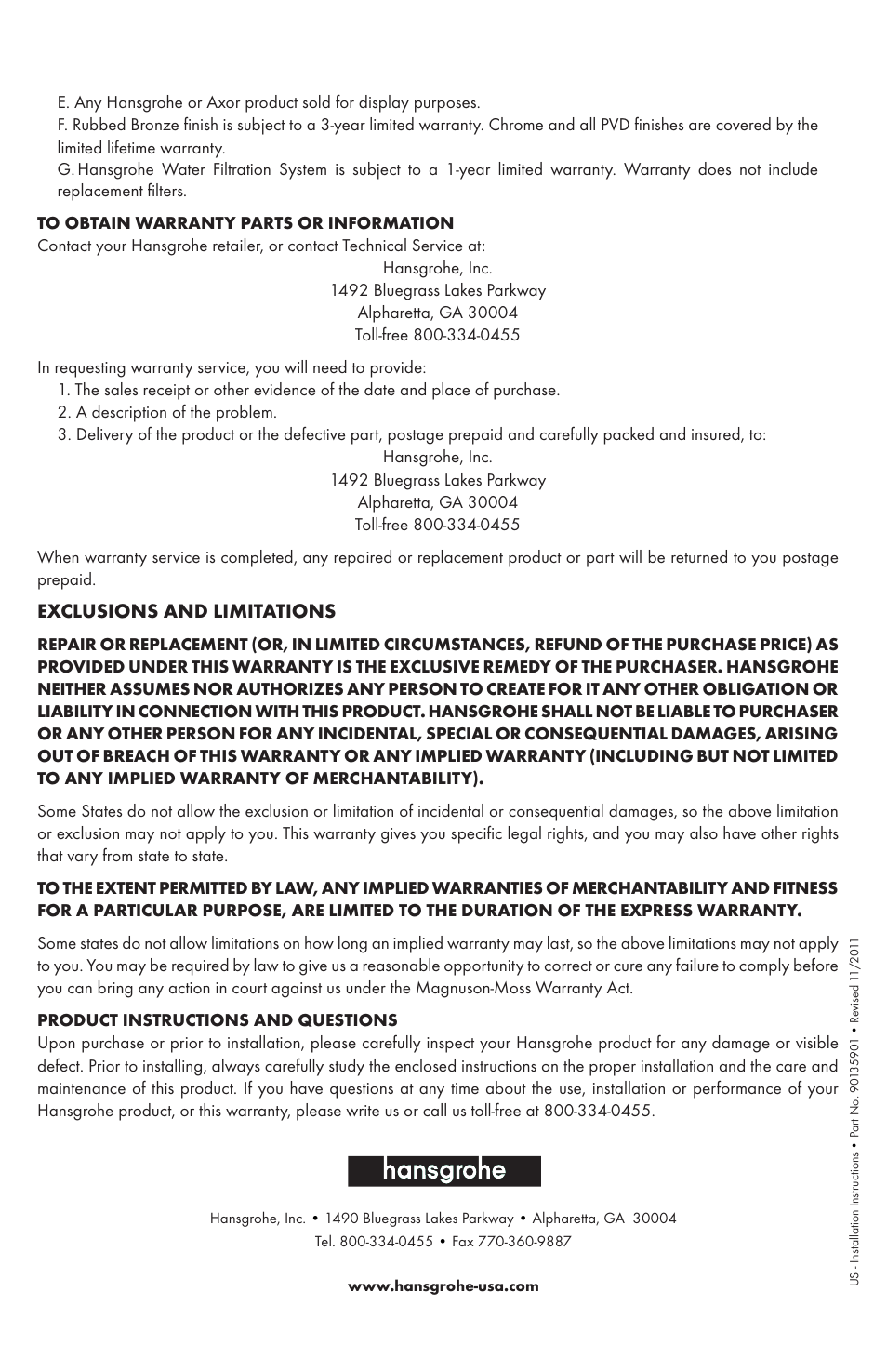 Exclusions and limitations | Factory Direct Hardware Hansgrohe 14872 Talis S User Manual | Page 16 / 16
