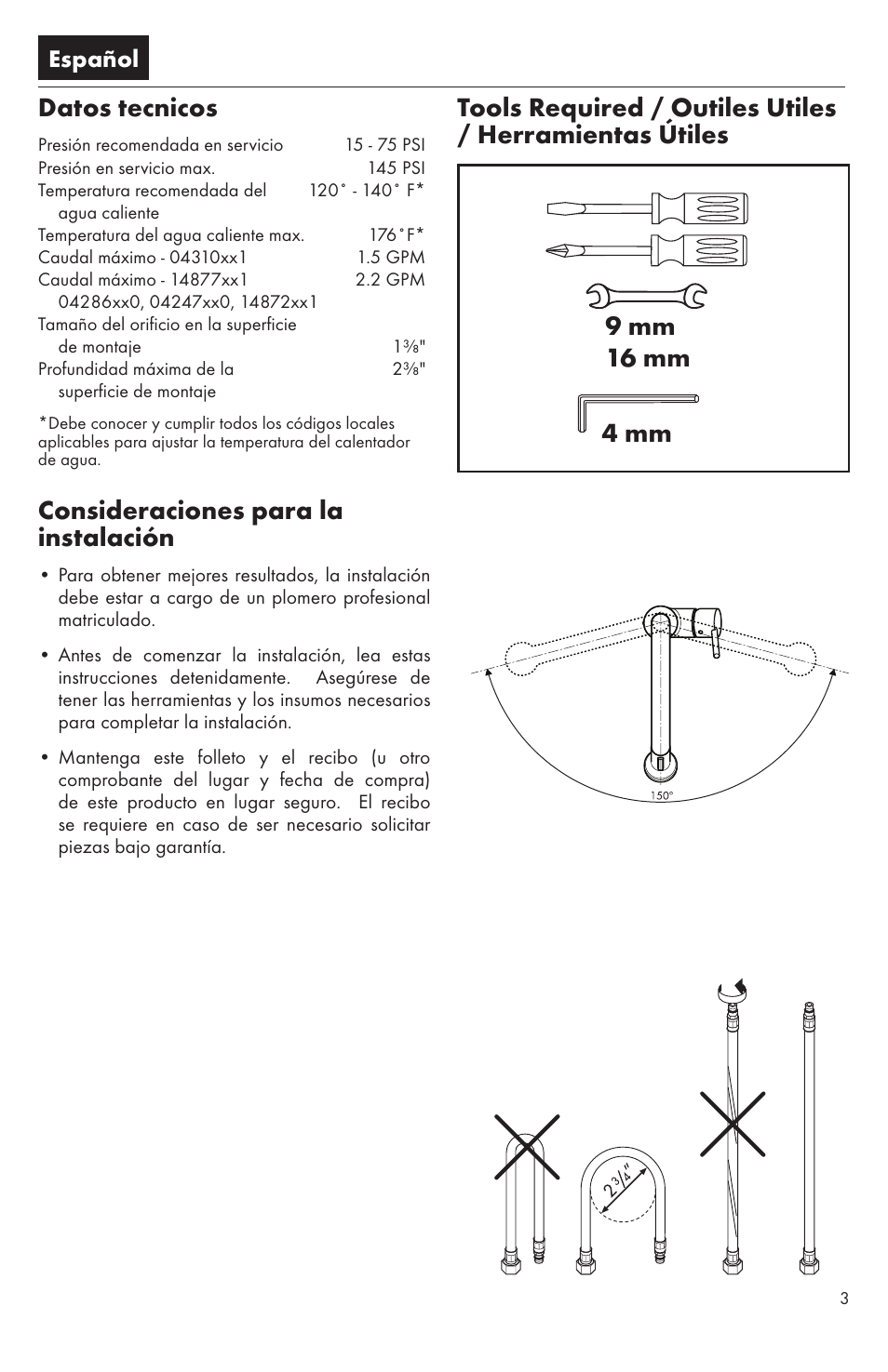 Datos tecnicos, Consideraciones para la instalación, Español | Factory Direct Hardware Hansgrohe 14872 Talis S User Manual | Page 3 / 16