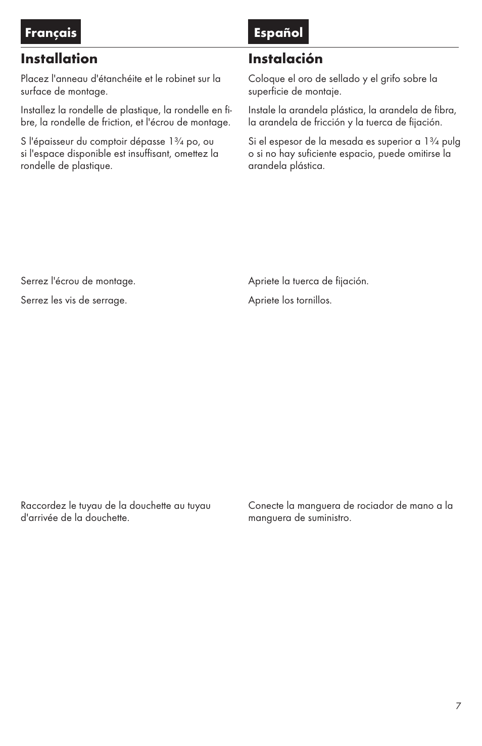 Installation, Instalación, Français español | Factory Direct Hardware Hansgrohe 14872 Talis S User Manual | Page 7 / 16