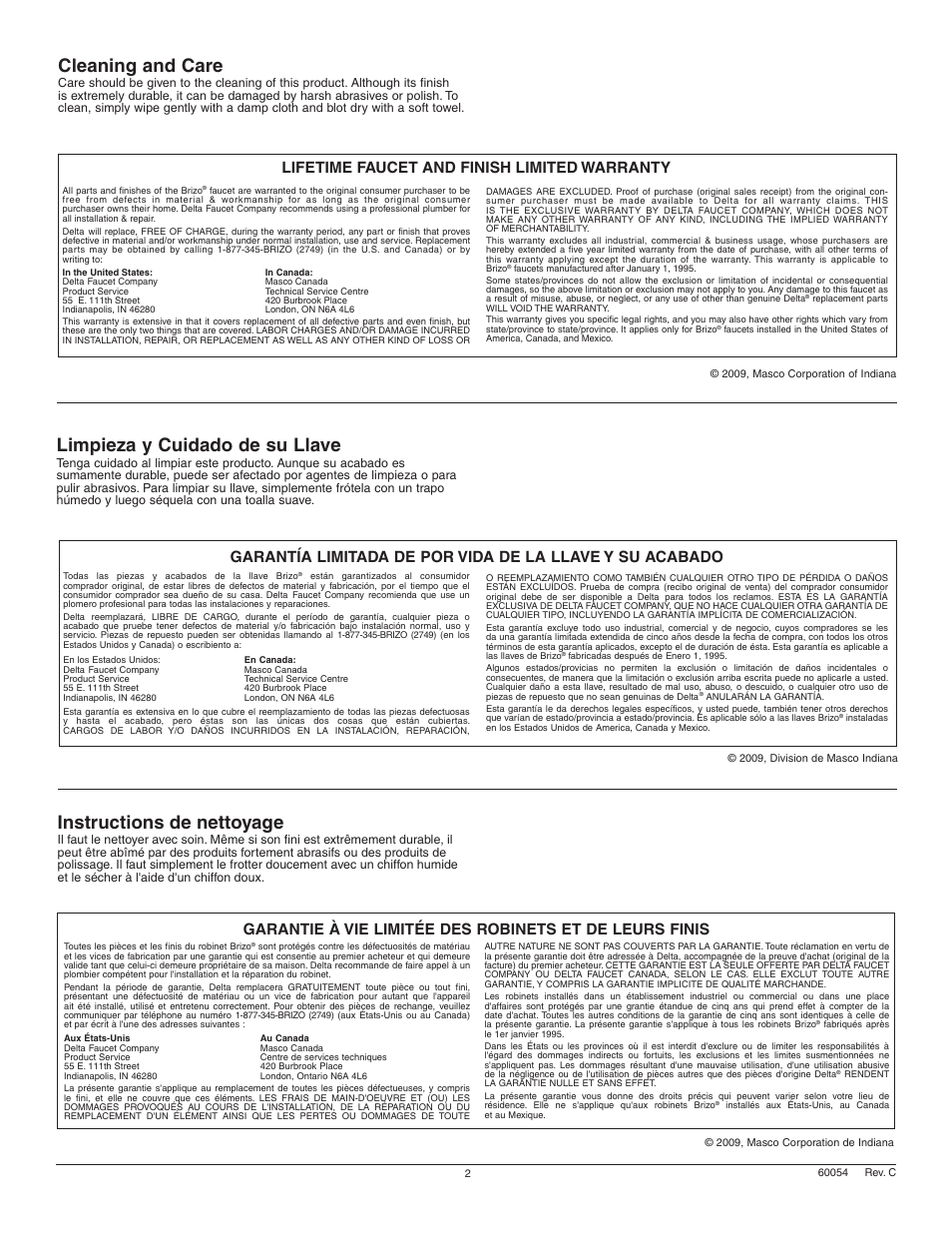 Cleaning and care, Instructions de nettoyage, Limpieza y cuidado de su llave | Lifetime faucet and finish limited warranty | Factory Direct Hardware Brizo 65345LF User Manual | Page 2 / 8