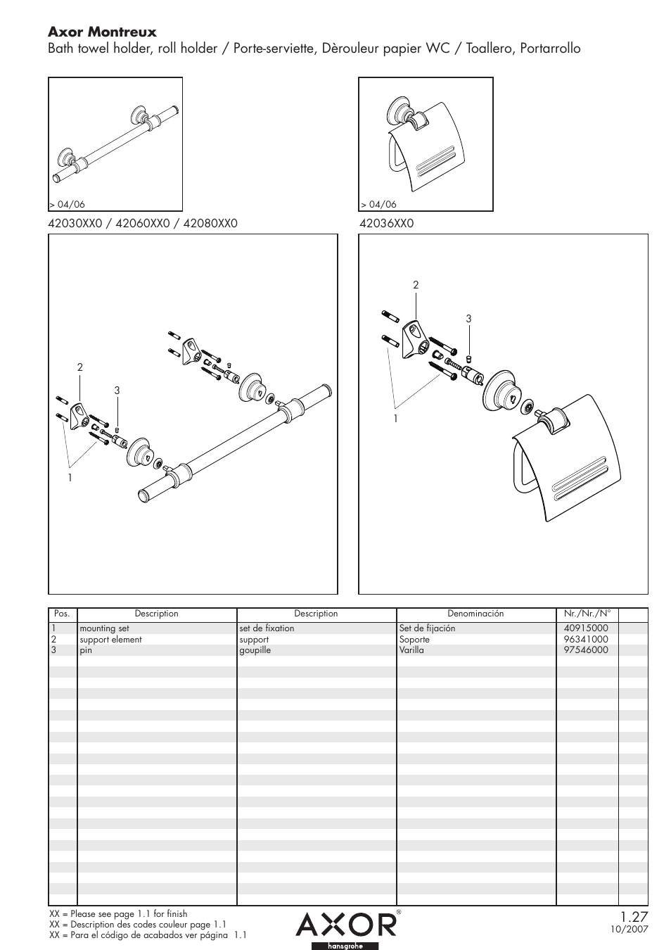 Factory Direct Hardware Hansgrohe 42030 Axor Montreux User Manual | 1 page