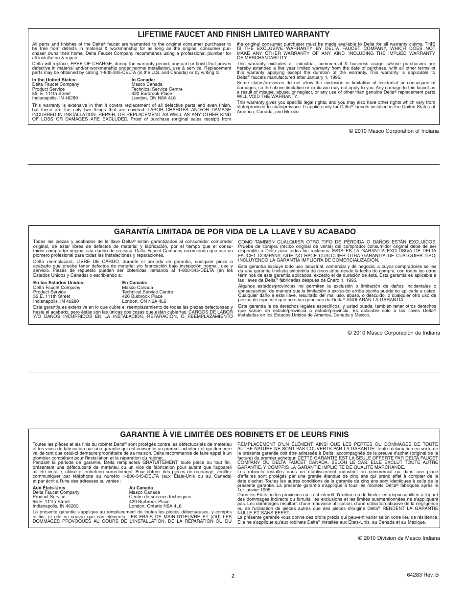Lifetime faucet and finish limited warranty | Factory Direct Hardware Delta 400-DST-L Classic User Manual | Page 2 / 12