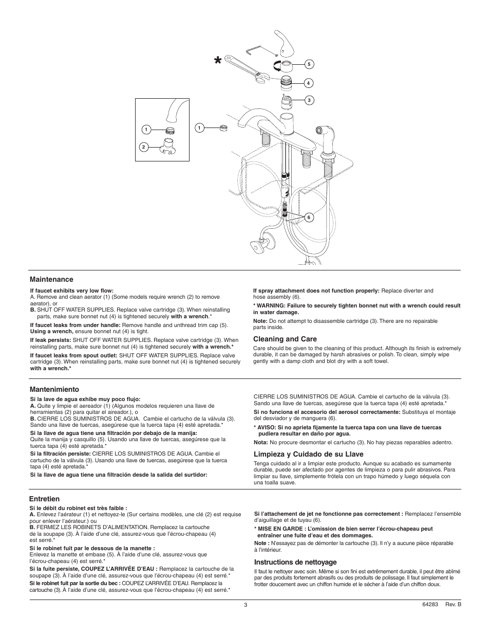 Maintenance, Cleaning and care, Mantenimiento | Limpieza y cuidado de su llave, Entretien, Instructions de nettoyage | Factory Direct Hardware Delta 400-DST-L Classic User Manual | Page 3 / 12