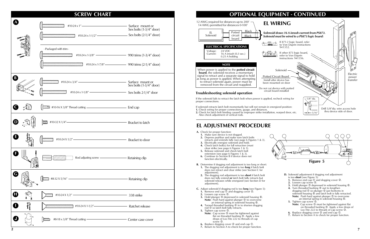 Screw chart, El wiring, El adjustment procedure | Optional equipment - continued, Figure 5 | Factory Direct Hardware Von Duprin 9947EOF User Manual | Page 2 / 4