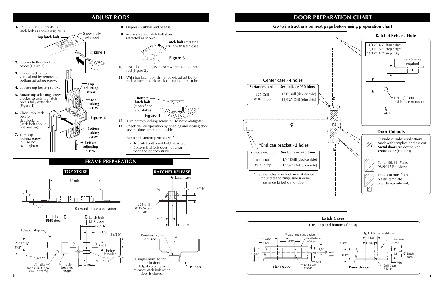 Door preparation chart, Adjust rods, Frame preparation | Factory Direct Hardware Von Duprin 9947EOF User Manual | Page 3 / 4