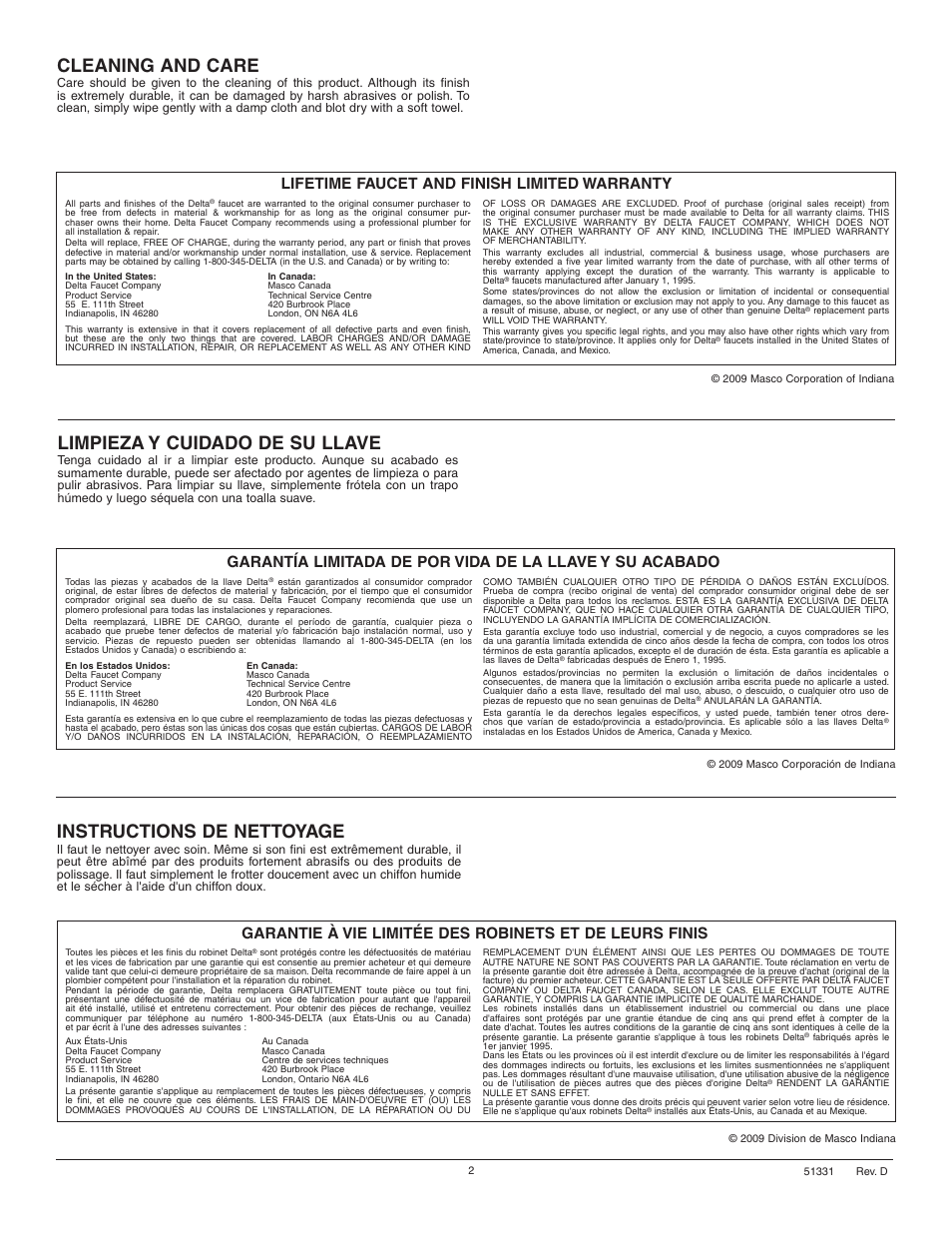Cleaning and care, Instructions de nettoyage, Limpieza y cuidado de su llave | Lifetime faucet and finish limited warranty | Factory Direct Hardware Delta 3538-MPU User Manual | Page 2 / 8