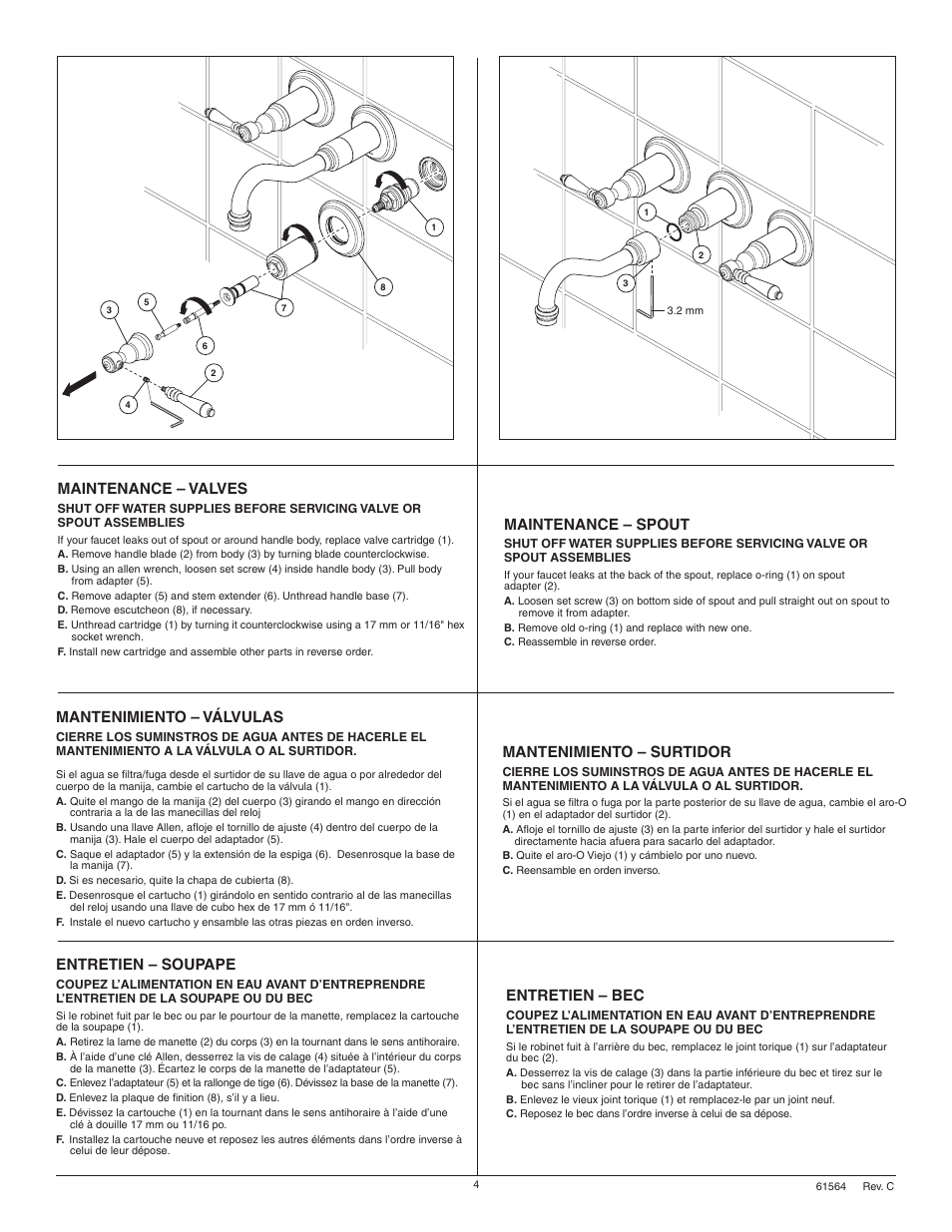 Maintenance – valves, Maintenance – spout, Mantenimiento – válvulas | Mantenimiento – surtidor, Entretien – soupape, Entretien – bec | Factory Direct Hardware Brizo 65836LF User Manual | Page 4 / 8