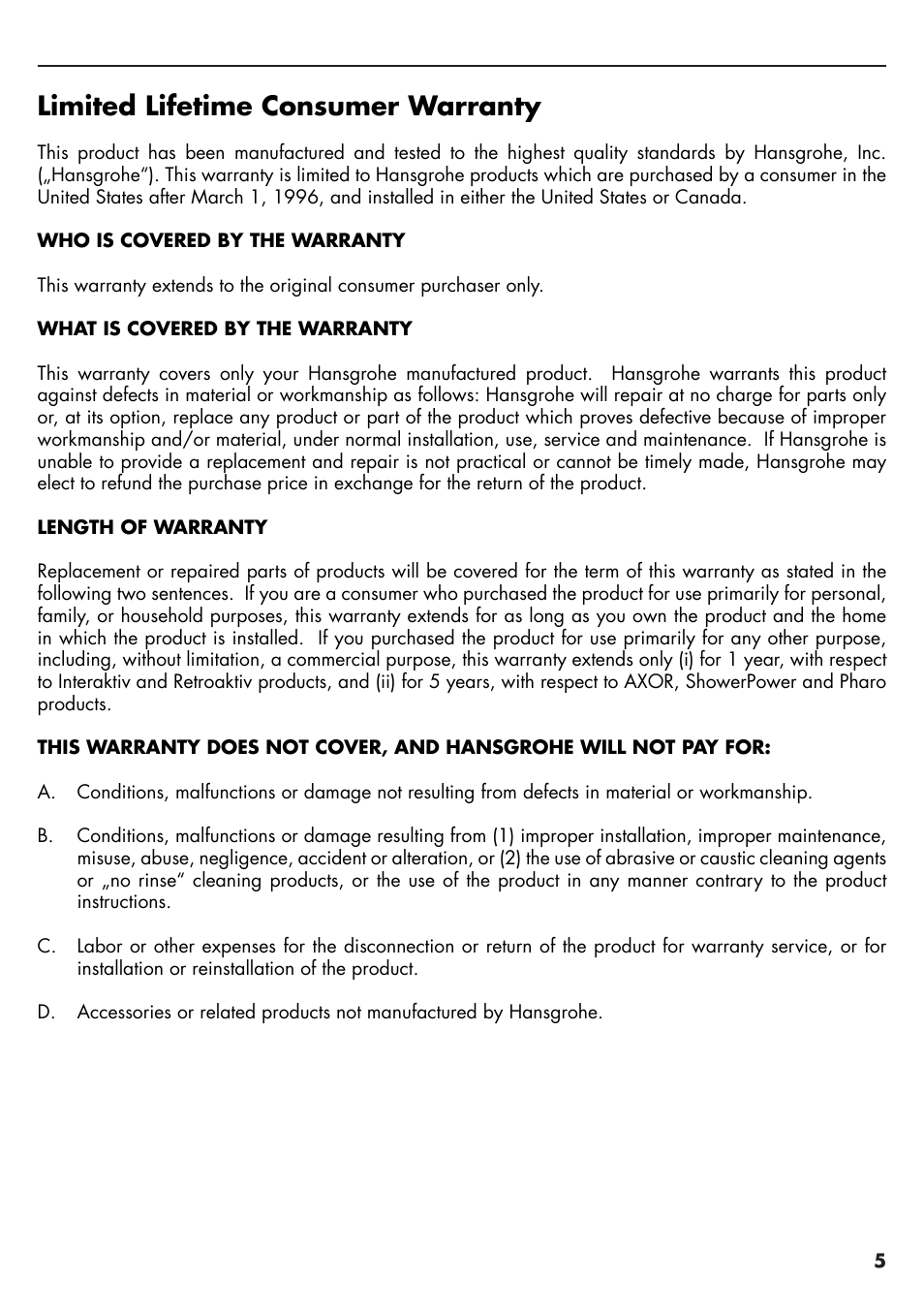 Limited lifetime consumer warranty | Factory Direct Hardware Hansgrohe 10426001 Axor Starck User Manual | Page 5 / 8