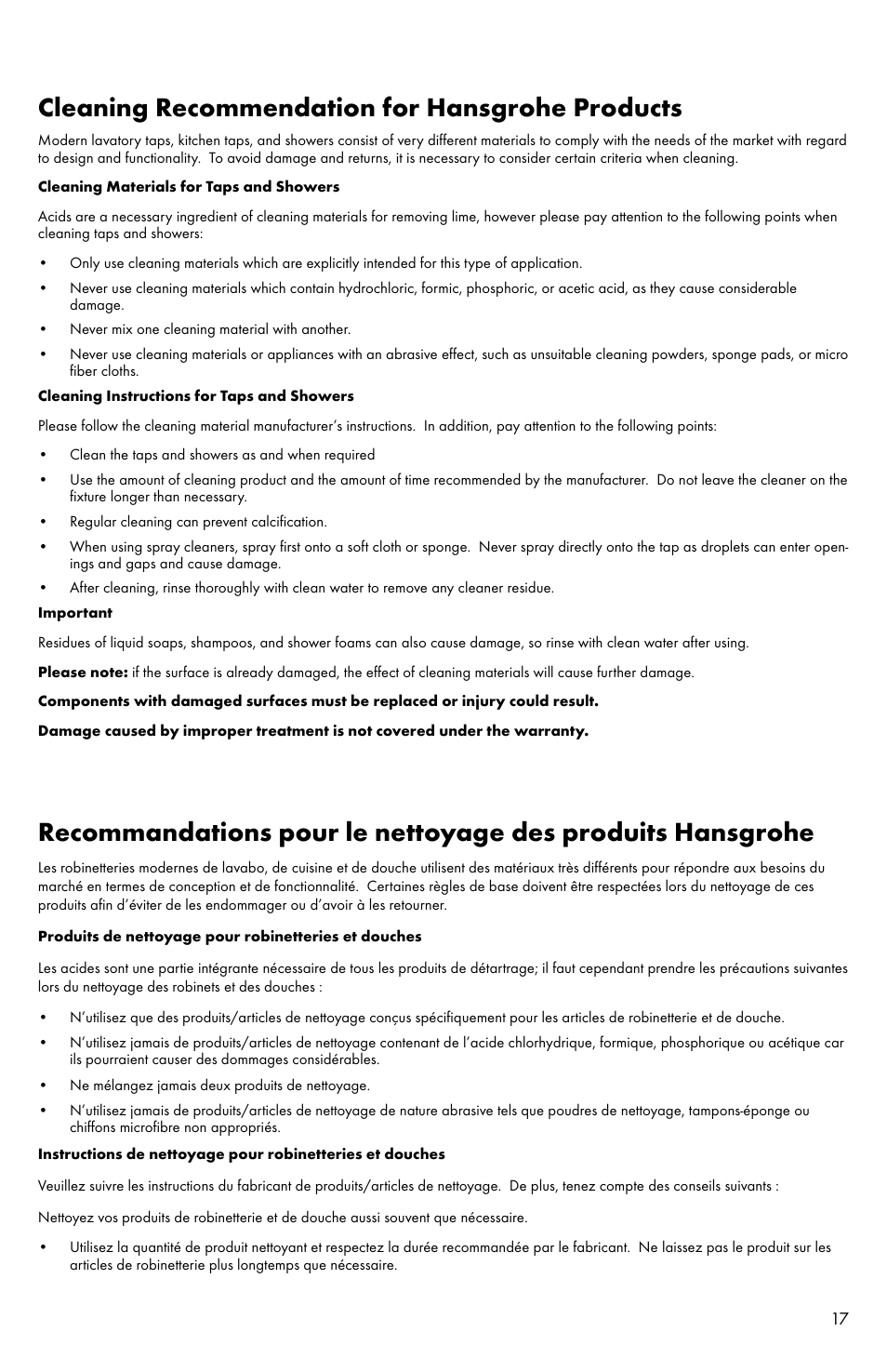 Cleaning recommendation for hansgrohe products | Factory Direct Hardware Hansgrohe 04301 Talis S User Manual | Page 17 / 20