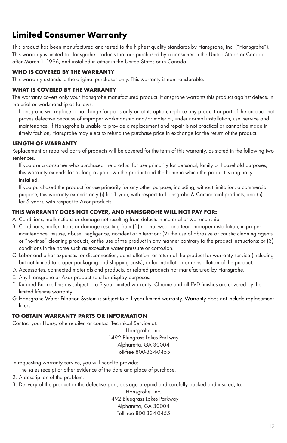 Limited consumer warranty | Factory Direct Hardware Hansgrohe 04301 Talis S User Manual | Page 19 / 20