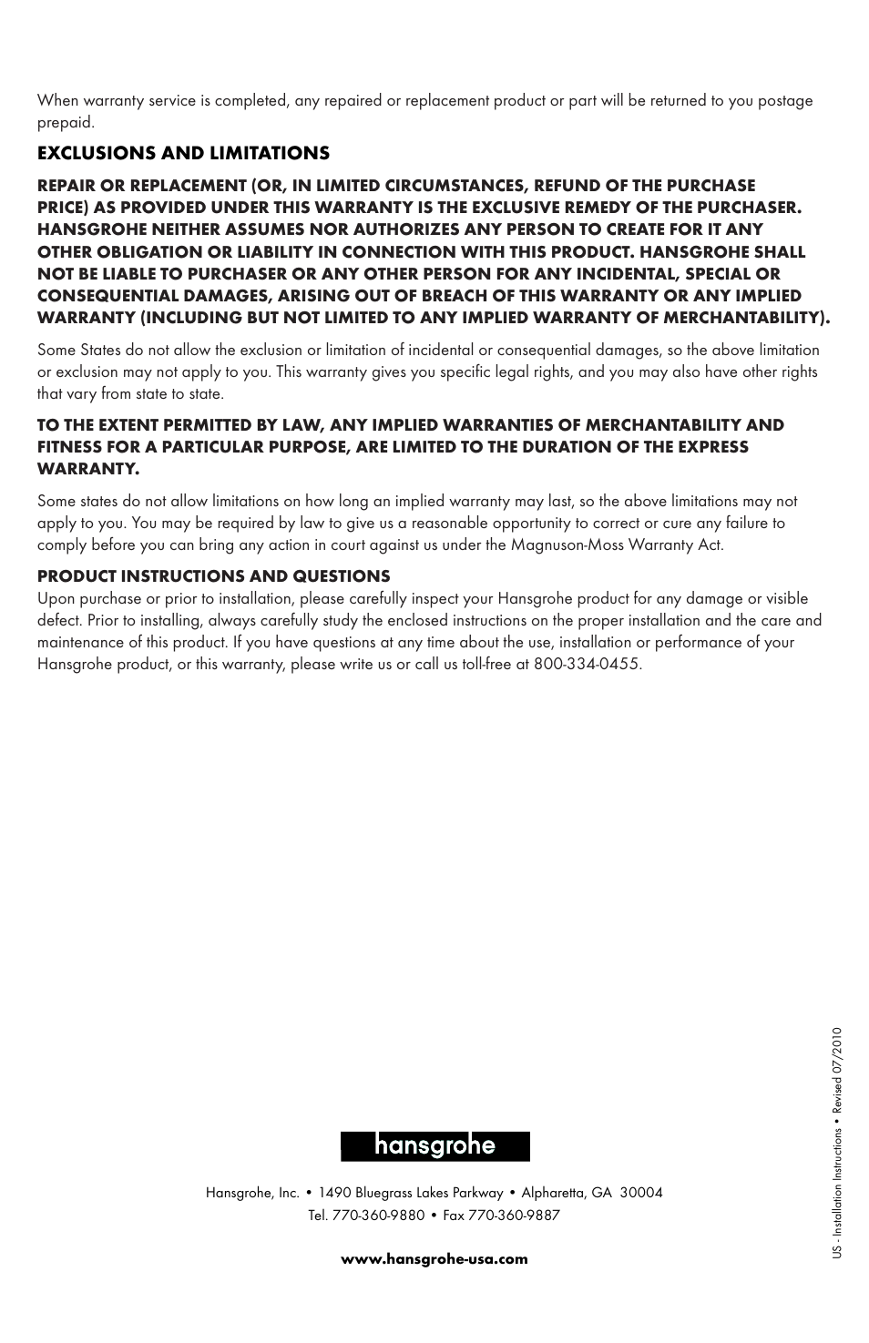 Exclusions and limitations | Factory Direct Hardware Hansgrohe 04301 Talis S User Manual | Page 20 / 20