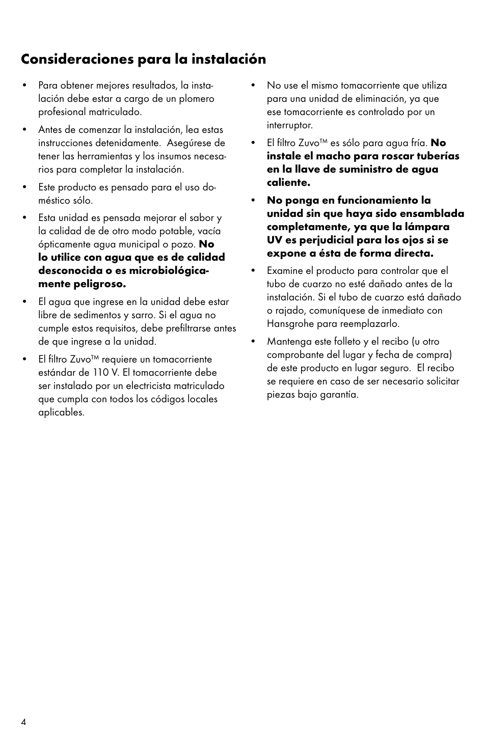 Consideraciones para la instalación | Factory Direct Hardware Hansgrohe 04301 Talis S User Manual | Page 4 / 20