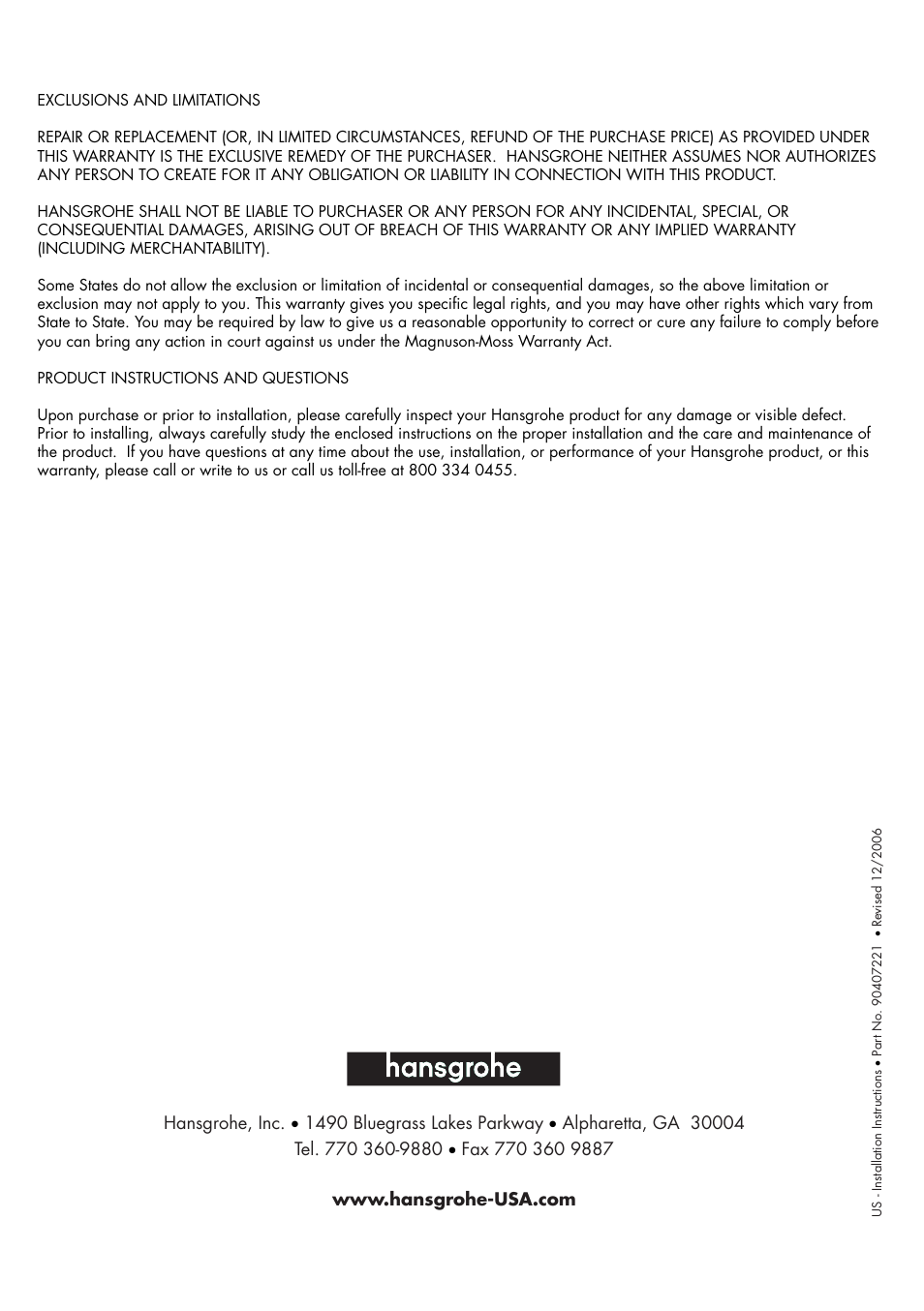 Factory Direct Hardware Hansgrohe 18020001 User Manual | Page 8 / 8