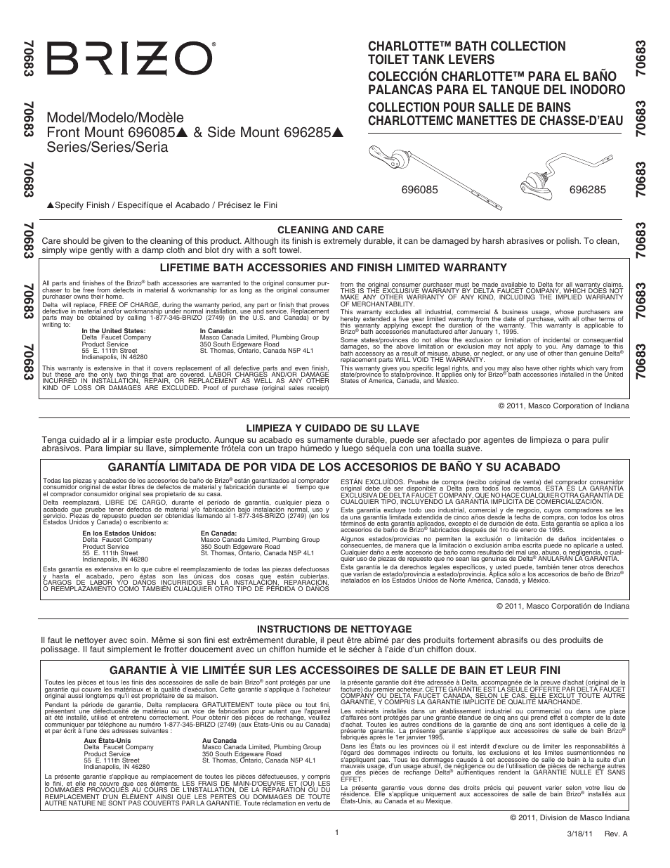 Factory Direct Hardware Brizo 696285 Charlotte User Manual | 2 pages