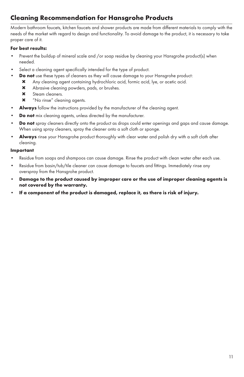 Cleaning recommendation for hansgrohe products | Factory Direct Hardware Hansgrohe 04870 Talis S User Manual | Page 11 / 16
