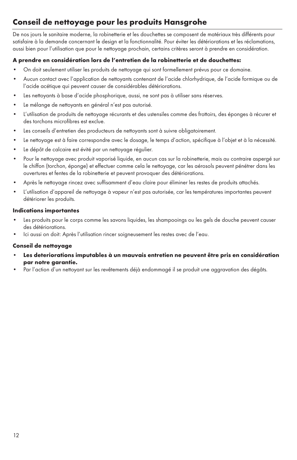 Conseil de nettoyage pour les produits hansgrohe | Factory Direct Hardware Hansgrohe 04870 Talis S User Manual | Page 12 / 16