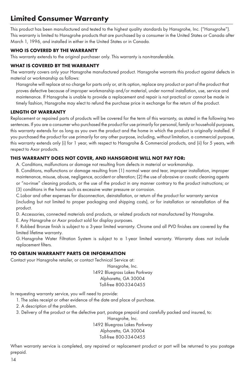 Limited consumer warranty | Factory Direct Hardware Hansgrohe 04870 Talis S User Manual | Page 14 / 16