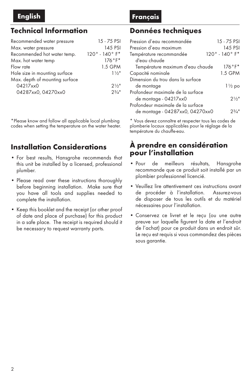Technical information, Données techniques, Installation considerations | À prendre en considération pour l’installation, English français | Factory Direct Hardware Hansgrohe 04870 Talis S User Manual | Page 2 / 16