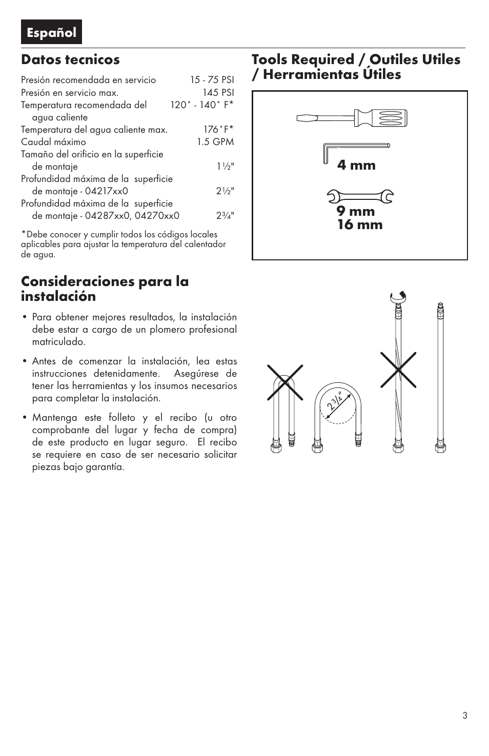 Datos tecnicos, Consideraciones para la instalación, Español | Factory Direct Hardware Hansgrohe 04870 Talis S User Manual | Page 3 / 16