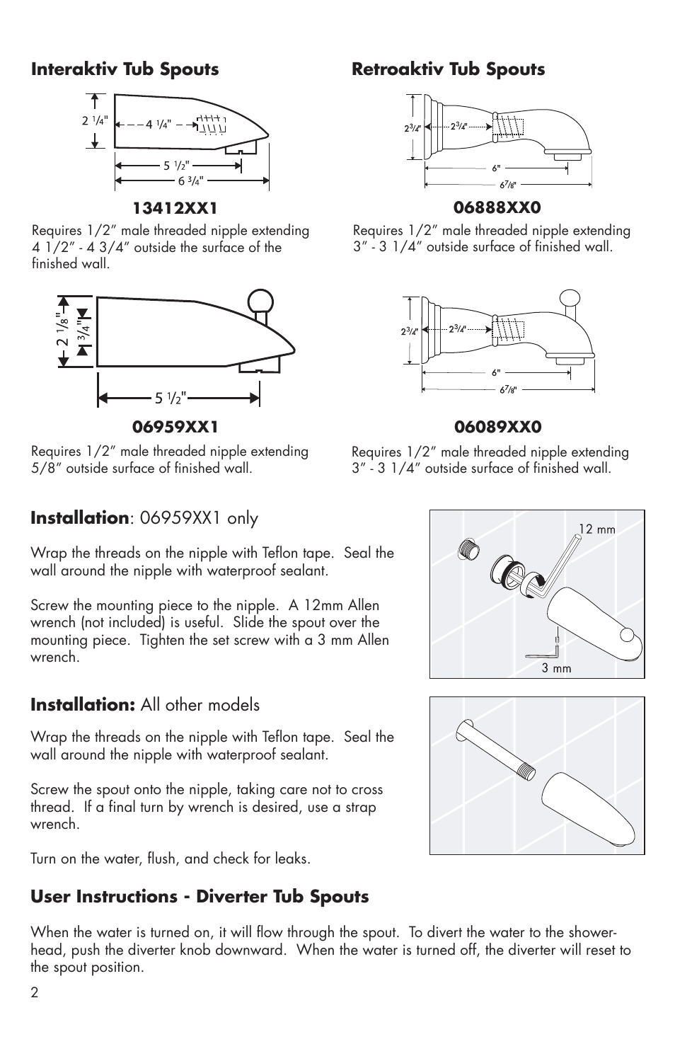 Interaktiv tub spouts retroaktiv tub spouts, Installation: all other models, User instructions - diverter tub spouts | Factory Direct Hardware Hansgrohe 13412 E User Manual | Page 2 / 4