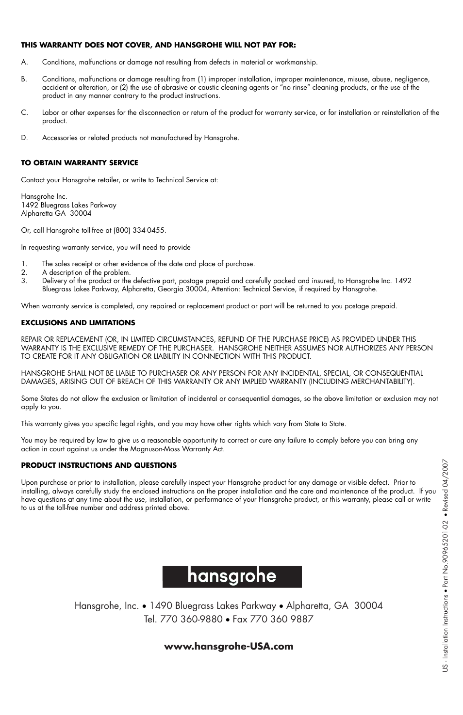 Factory Direct Hardware Hansgrohe 13412 E User Manual | Page 4 / 4