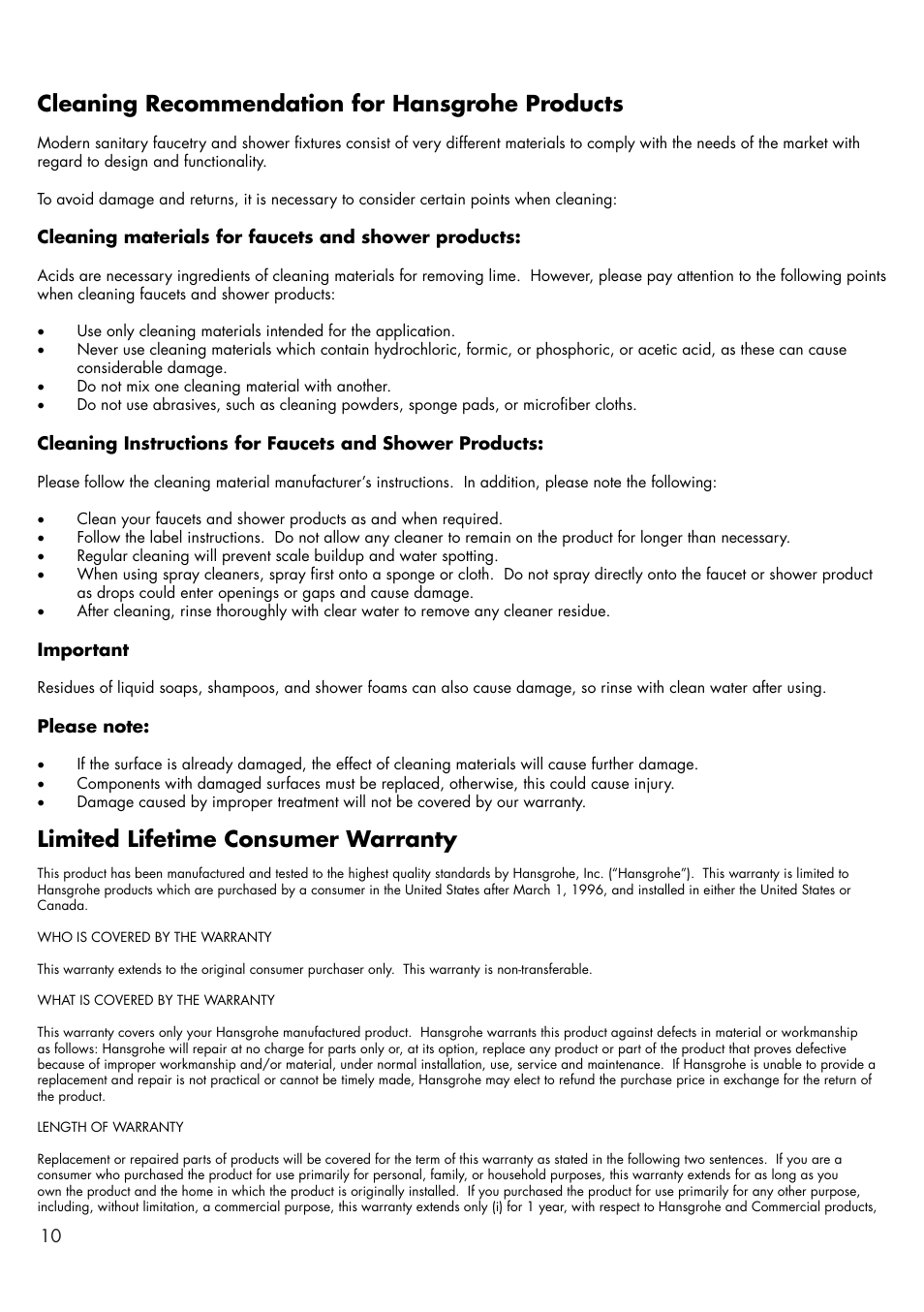 Cleaning recommendation for hansgrohe products, Limited lifetime consumer warranty | Factory Direct Hardware Hansgrohe 18440001 Axor Massaud User Manual | Page 10 / 12